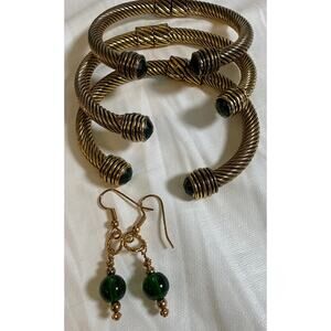 Gold Tone Cable Cuff Bracelets Emerald Stone Vintage Style Stackable W/Earrings